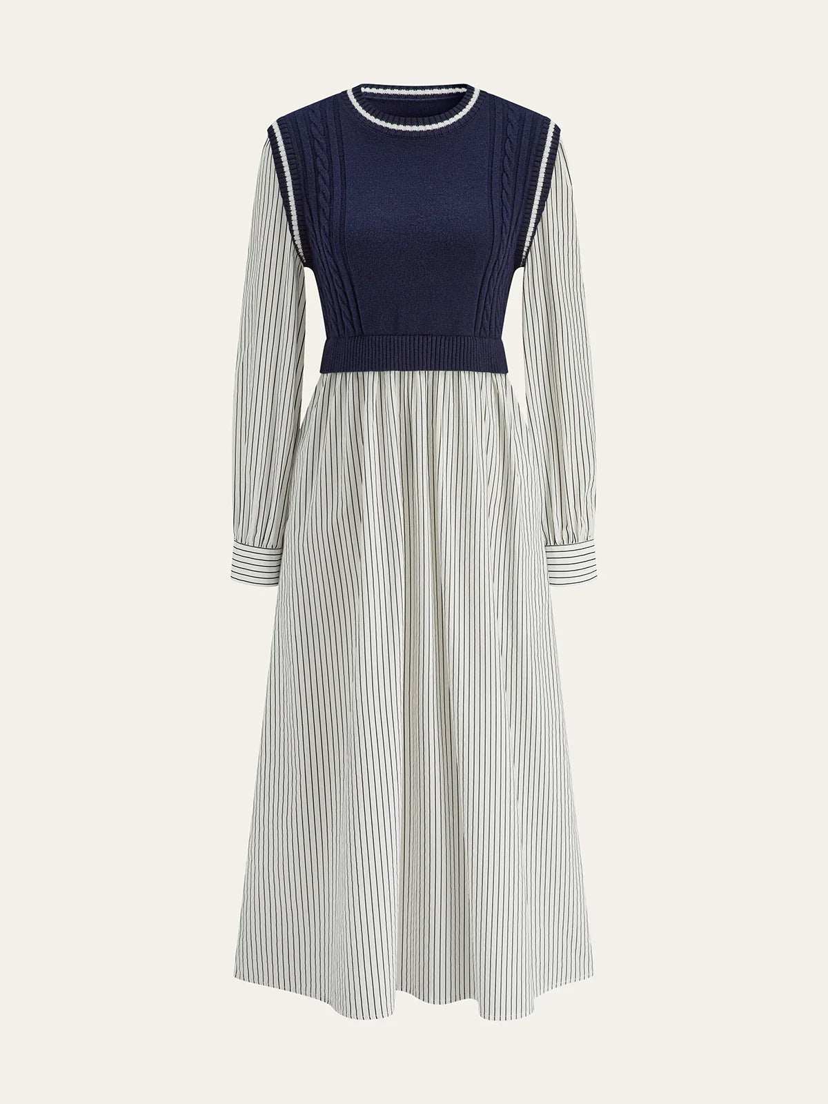 2 In 1 Cable-Knit Paneled Striped Midi Dress
