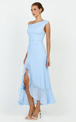 Judee Midi Dress - One Shoulder High Side Split Dress In Light Blue