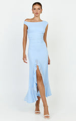 Judee Midi Dress - One Shoulder High Side Split Dress In Light Blue