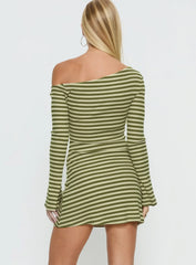 Adrietta Long Sleeve Off Shoulder Mini Dress Cream / Matcha Stripe