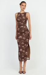 Loralie Midi Dress - Mesh High Neck Bodycon Dress In Chocolate Blurred Print