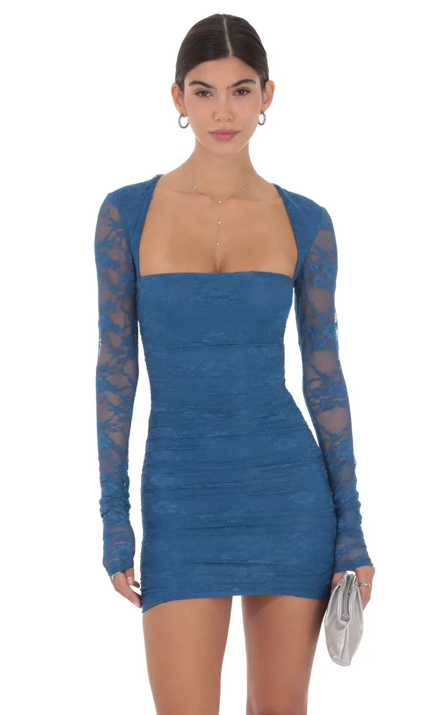 Lace Long Sleeve Bodycon In Blue