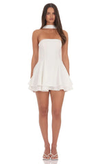 Satin Scarf Strapless Dress In White