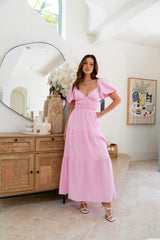 Francesca Pink Puff Sleeve Summer Midi Dress