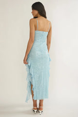 Sky Limit Ruffle Midi Dress Sequin Blue