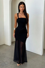 Salvatore One Shoulder Mesh Maxi Dress - Black