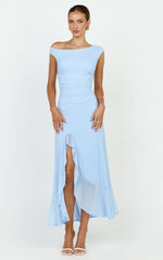 Judee Midi Dress - One Shoulder High Side Split Dress In Light Blue