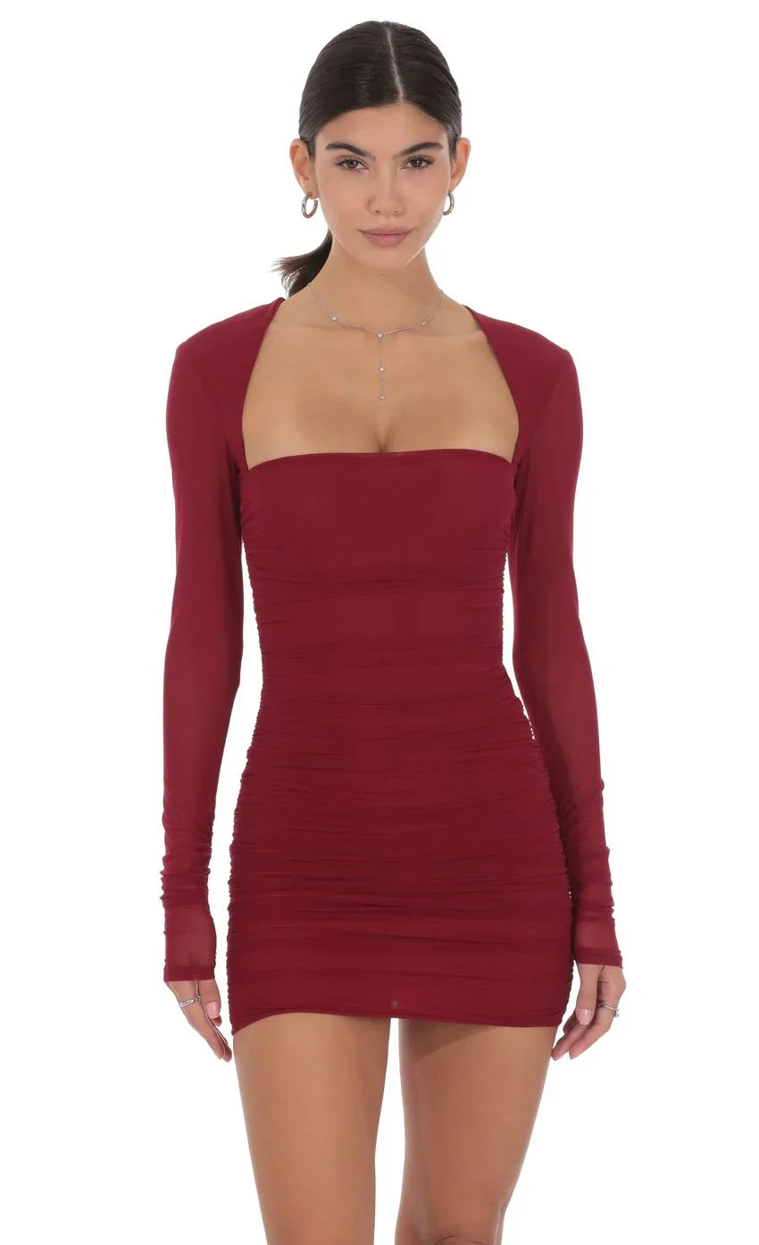 Mesh Long Sleeve Bodycon In Maroon