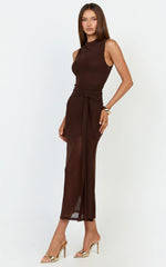 Jaimae Midi Dress - High Neck Side Knot Detail Mesh Dress In Chocolate