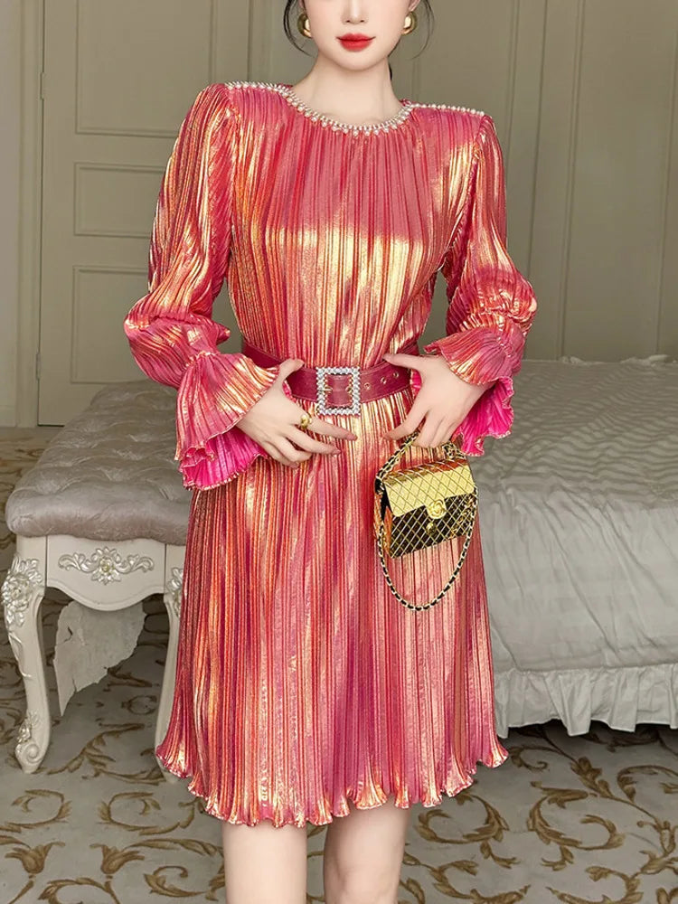 Metallic Copper Pleated Flare Belted Mini Dress