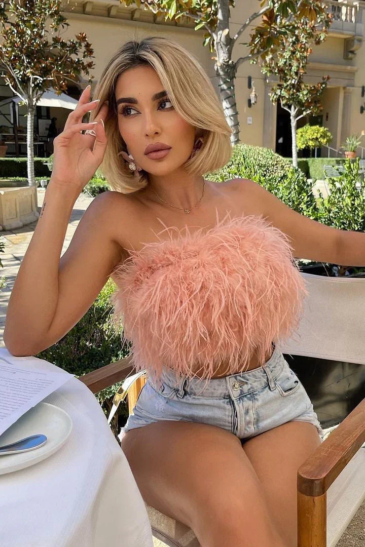Romee | Women'S Strapless Feather Festival Party Top