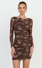 Zita Mini Dress - High Neck Long Sleeve Bodycon Mesh Dress In Chocolate Blurred Print