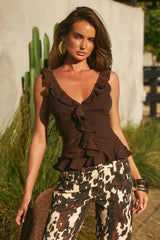 Sleeveless Ruffle Top - Bitter Chocolate