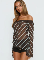 Trinkie Long Sleeve Off Shoulder Chiffon Top Navy Stripe