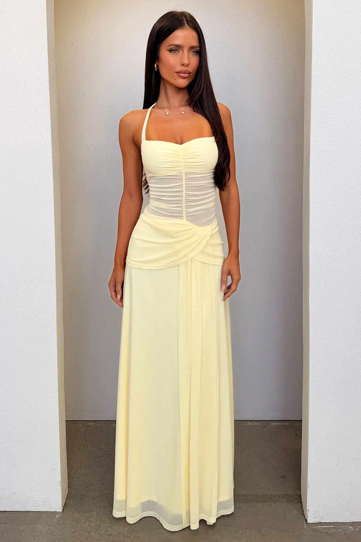 Gabrielle Halterneck Mesh Maxi Dress - Yellow