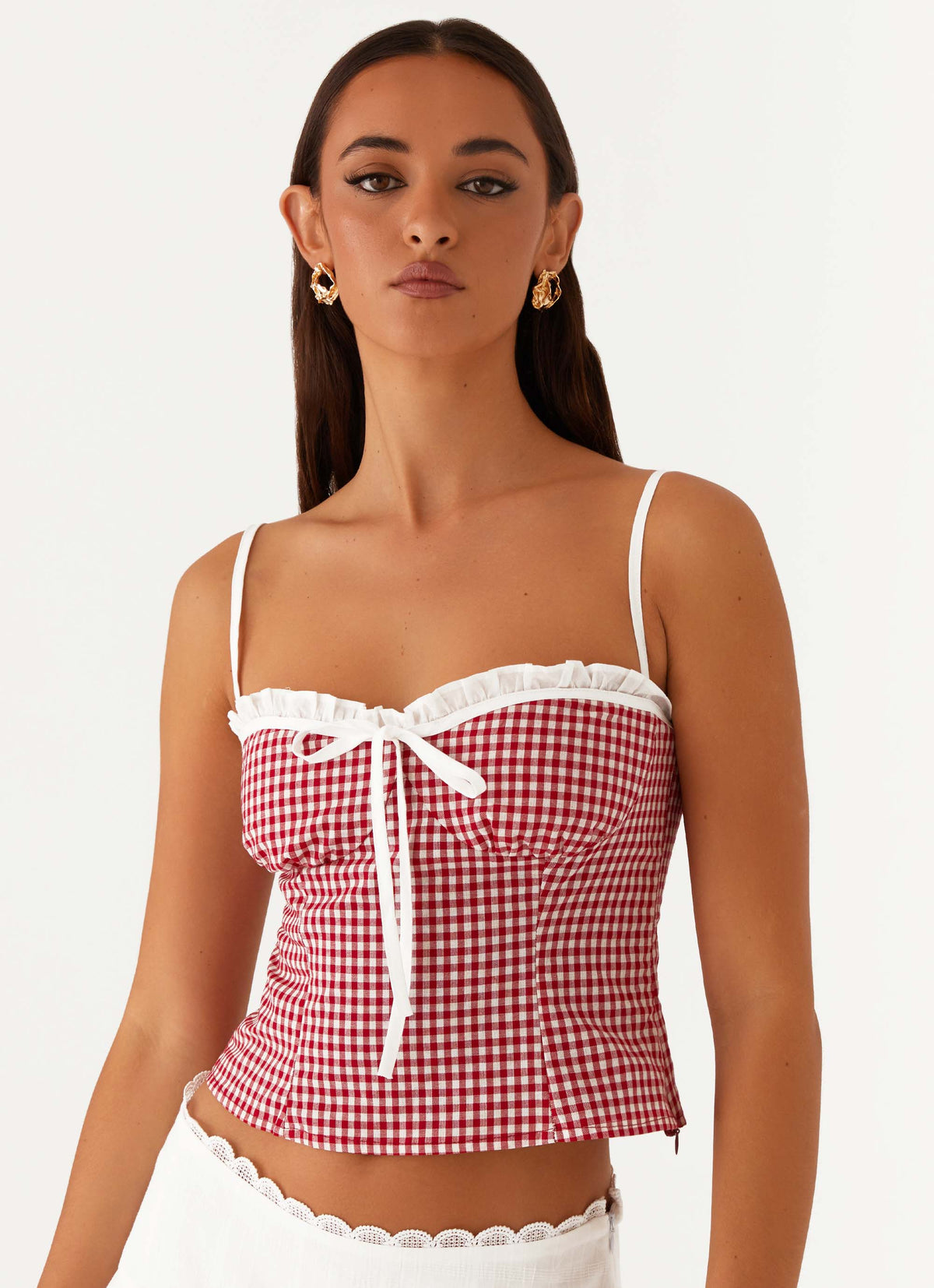 Palmer Ruffle Bustier Top Red Gingham