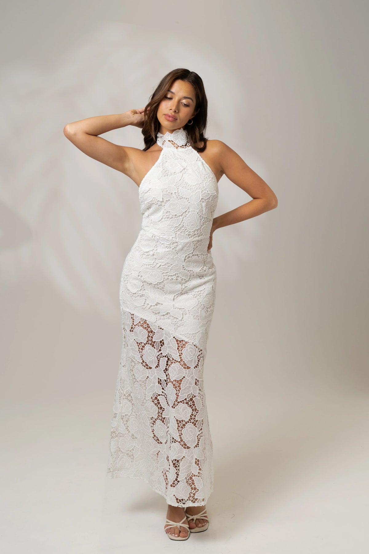 Georgia White High Neck Lace Midi Dress