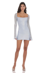 Foil Long Sleeve Bodycon Dress In Baby Blue