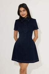 Cotton Mix Denim Collared Mini Dress