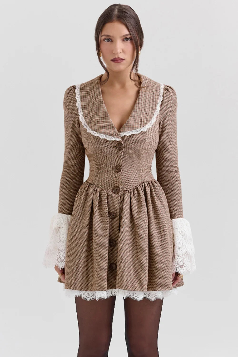 Sable-Brown Puppytooth Check Mini Dress - Sale